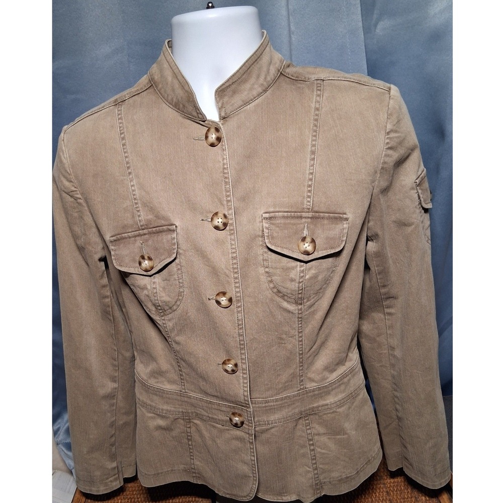 Indigo Palms Womens Tan Denim Utility Jacket Mandarin Collar Military Size L